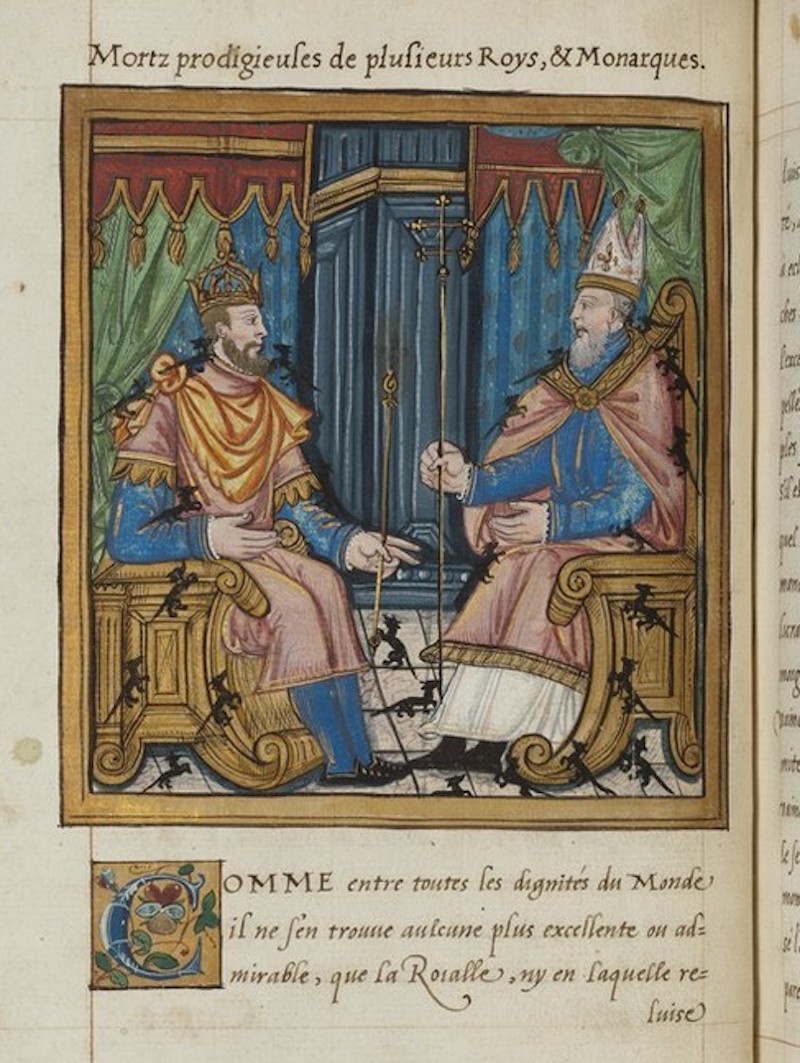 Image is in color. Two men sit in gold seats. The man on the left wears a crown and the man on the right wears a mitre (religious headwear worn by bishops). Rats crawl over both figures.