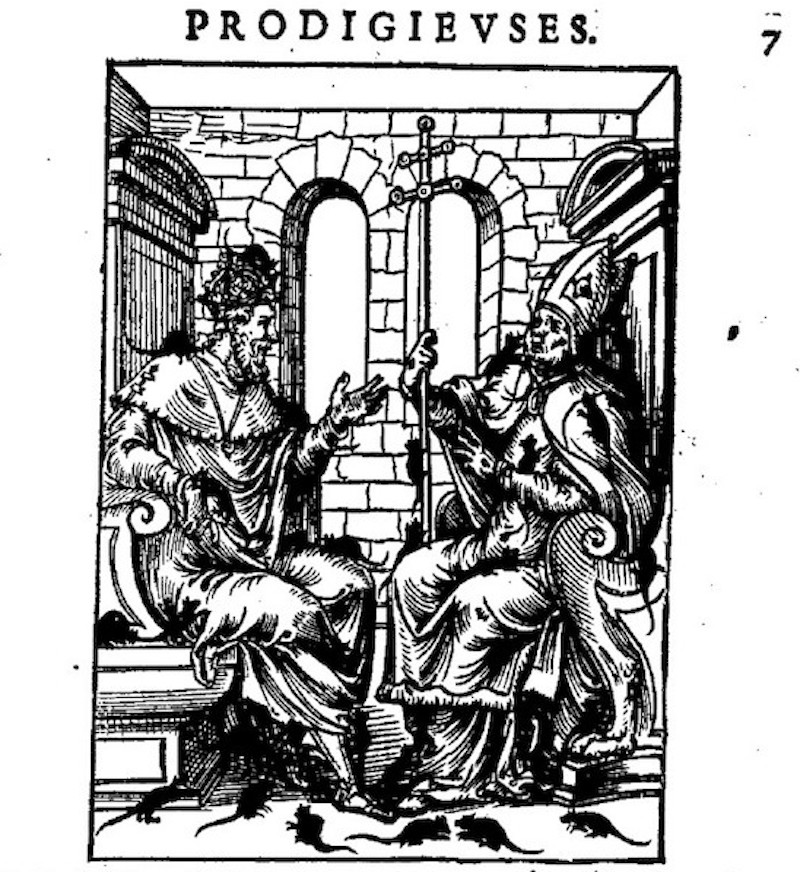 Woodcut version of the previous image in which the two men - on the left wearing a crown and on the right wearing a mitre - are swarmed by rats.