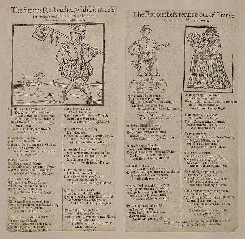 (Left) a man carries a device over his shoulder which dead rats hang from. A cat follows close behind him. (Right) a man stands with his left arm outstretched. On the right, a woman in full Elizabethan dress with a ruff, wig, wide skirt, and a feathered fan stands.