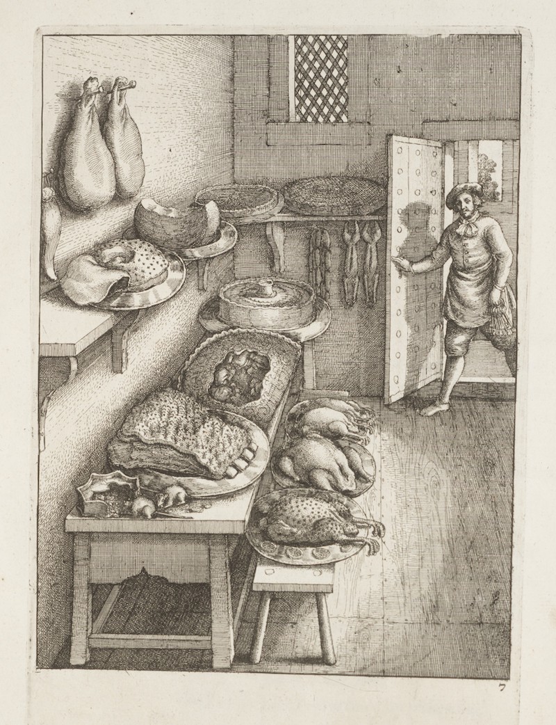 A man holding a large ring of keys opens a door and enters a room containing meats, cheeses, and pastries on tables, shelves, and hanging from the wall. Several of the foods have bites taken out of them. In the foreground, two mice are eating a pastry.