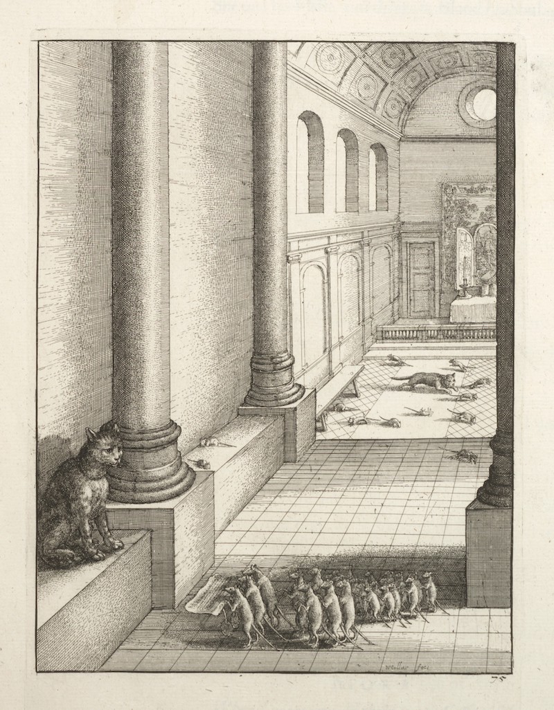 In the background, mice run on all fours, chased by a cat. In the foreground, a cat sits atop a raised platform and a large group of mice stand upright on their hindlegs, presenting the cat with a paper.