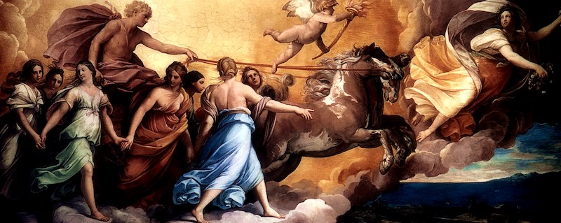 Aurora flies with her garland in hand, while Apollo follows in a horse-drawn chariot, surrounded by the goddesses of the hours.