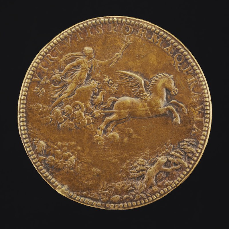 A coin with Aurora holding up a torch and riding through the clouds in her chariot drawn by a pegasus.