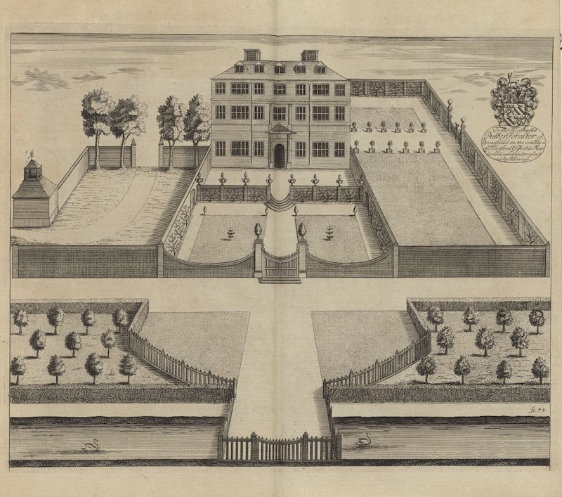A large house stands in a walled garden.