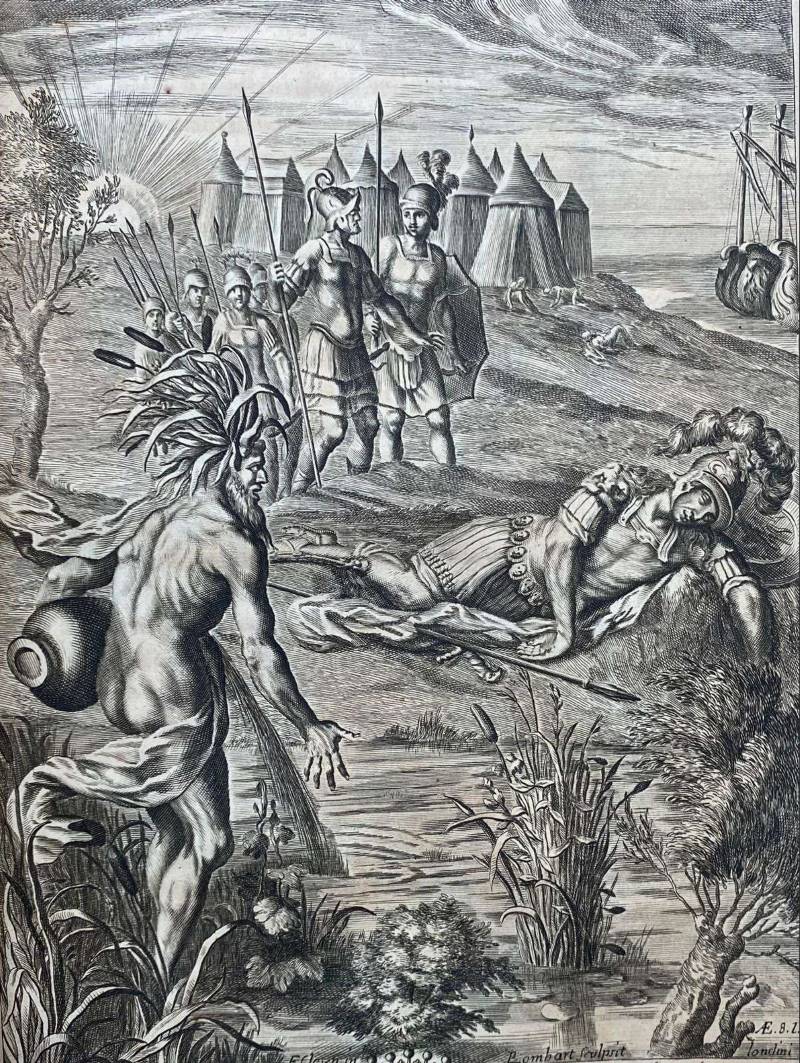 An engraving of soldiers by a river, one is dead by the river bank.