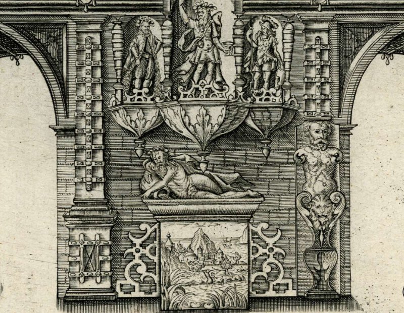A detail of the previous image depicting Thames personified as a river god.