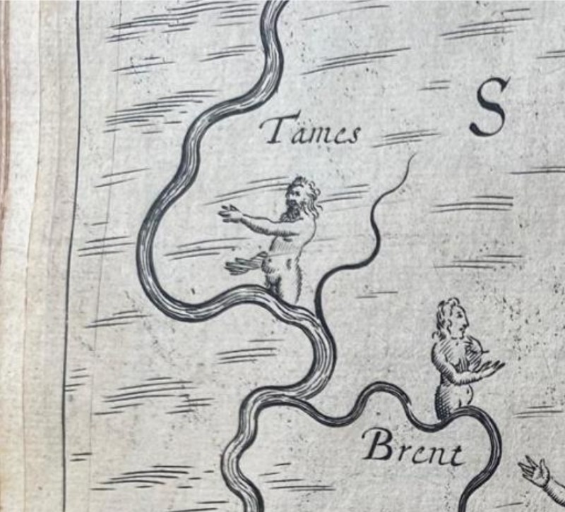 Detail of a map including a personification of the Thames.