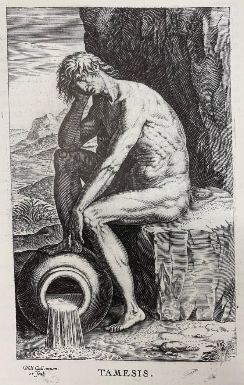 Engraving of a personification of the river Thames kneeling over a vessel pouring out water.