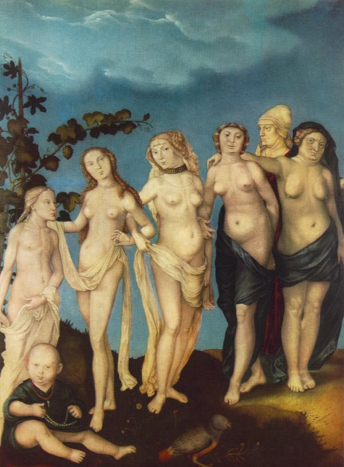 Seven semi-draped female figures in a row, ranging from an infant on the left to an elderly woman on the right.