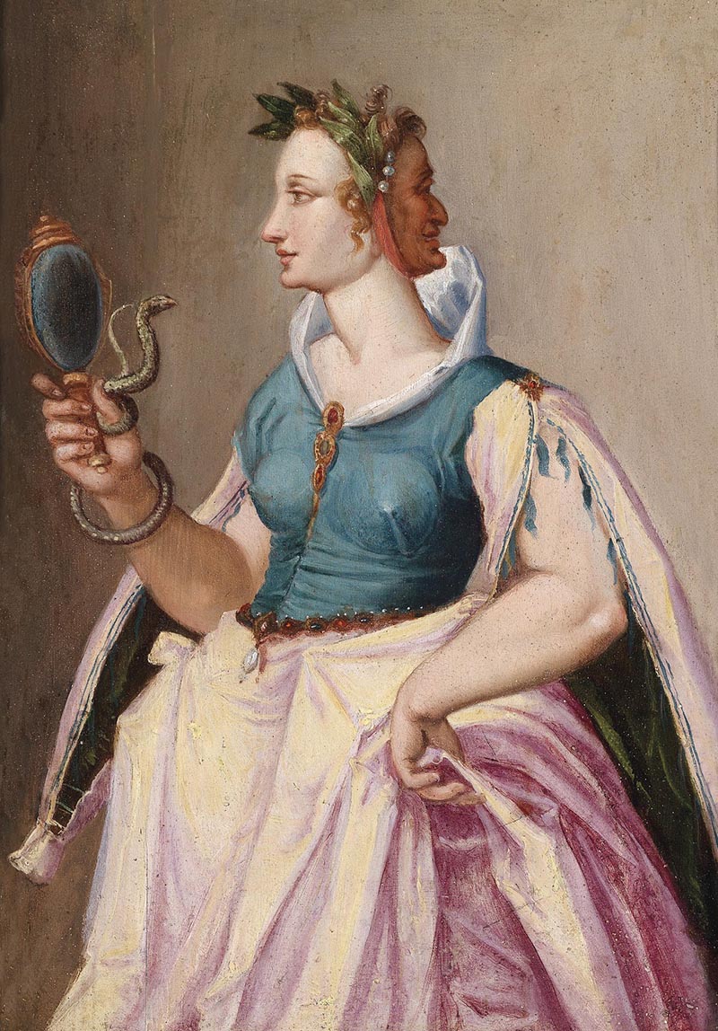 A woman with two faces, a young smooth one looking into a hand mirror, an aged and wrinkled one behind.