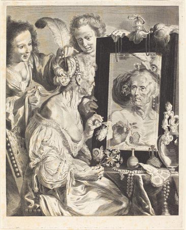 An old woman holding flowers looks at herself in a mirror, while two younger women look on.