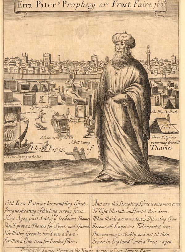 Erra Pater, an old robed and bearded man, stands before the frozen Thames river in London; a poem is at the bottom of the page.