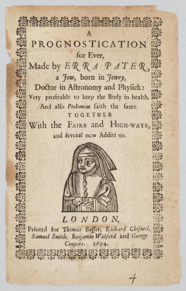 The illustrated title page of a book of prognostication, featuring a bust of a person wearing a robe and wimple.