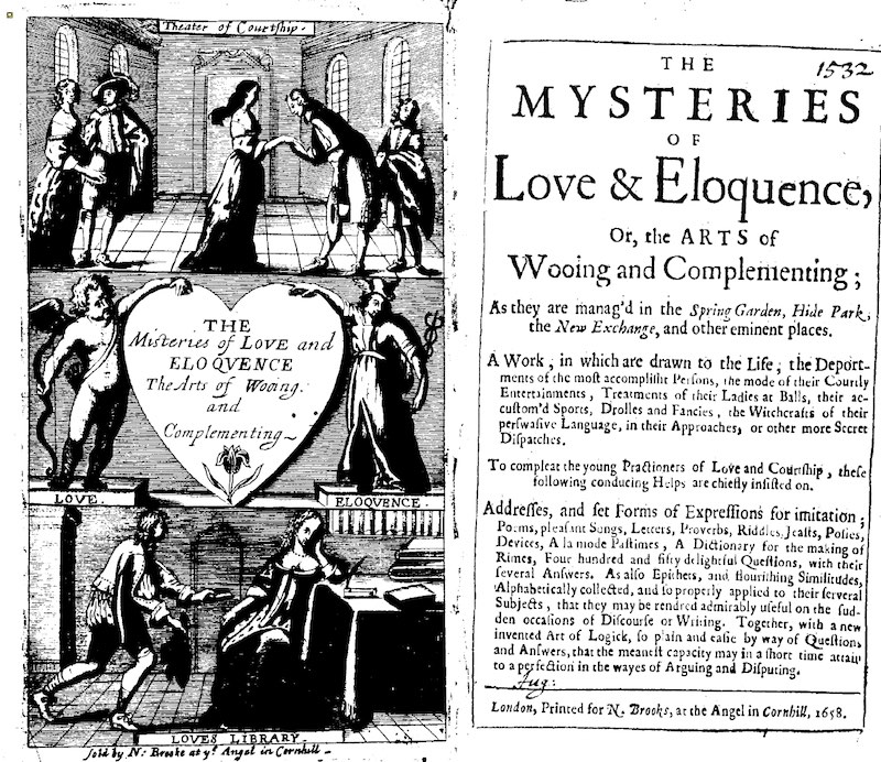 An opening featuring the frontispiece and title page of The Mysteries of Love and Eloquence, with the title on the right and three vignettes on the left: the top, labelled 