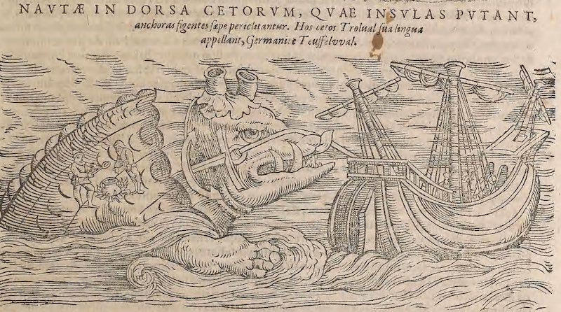 A ship casts anchor on a whale's back, upon which two men stand around a fire.