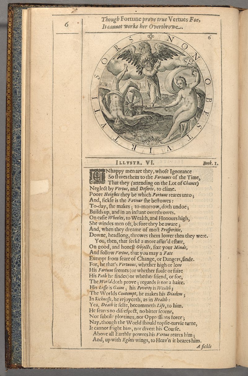 A page from George Wither’s A Collection of Emblemes, with a poem topped by an illustration of Fortune overturning one man on her wheel while another is raised to heaven by an eagle signifying Virtue.