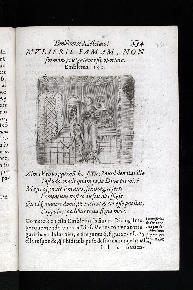 A page from an emblem book featuring a poem and an image of Venus, Cupid and a tortoise.