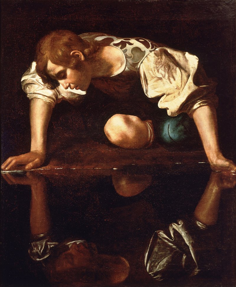 Narcissus bends over water to peer at his reflection.