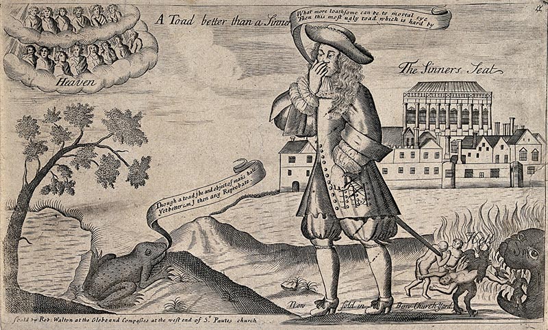 A man standing before a house identified as “The Sinner's Seat” converses with a toad, while heavenly figures look down from on high and a demon feeds people into the hell mouth below.